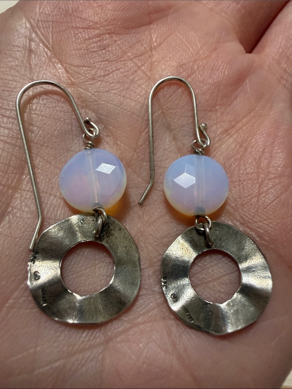 Sterling Silver 925 Opal Bead and Hammered Silver Drop Earrings - Picture 3 of 10